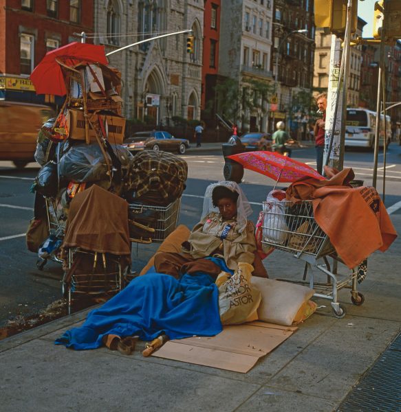 Shopping Bag Woman, E. 7th St. & 2nd Ave., 1982, photograph by Philip Pocock